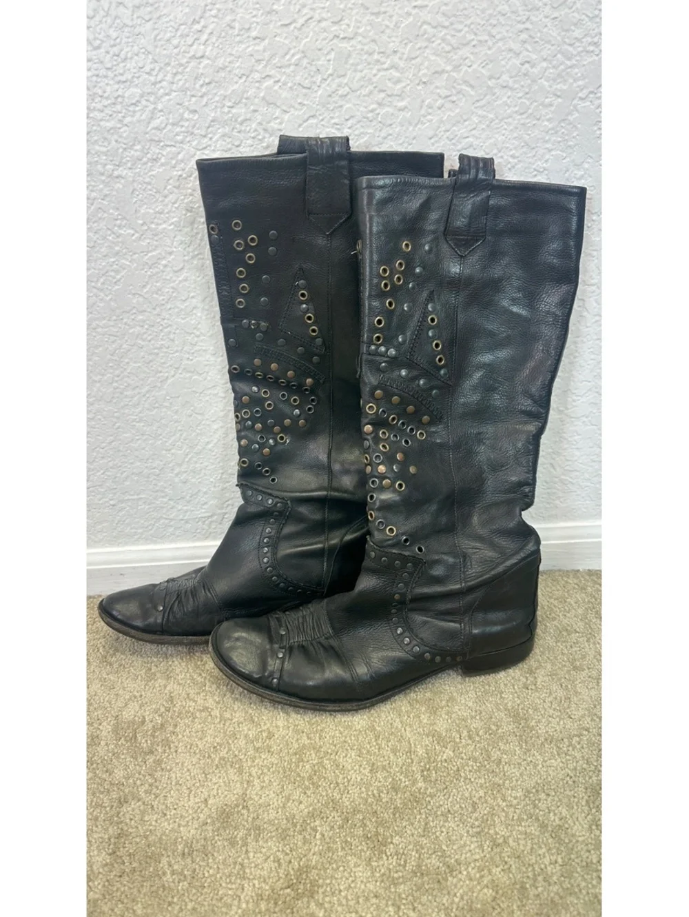 Marithe Francois Girbaud Sz 37.5 Black Leather Studded Riding Rockstar Punk Goth